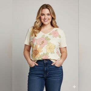 Caribbean Joe Women’s 2X V-Neck Floral T-Shirt Pink Peach Cotton Embellished